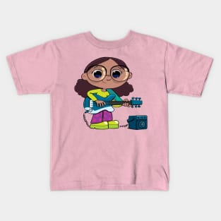 girl with an electric guitar and a small sound amplifier Kids T-Shirt